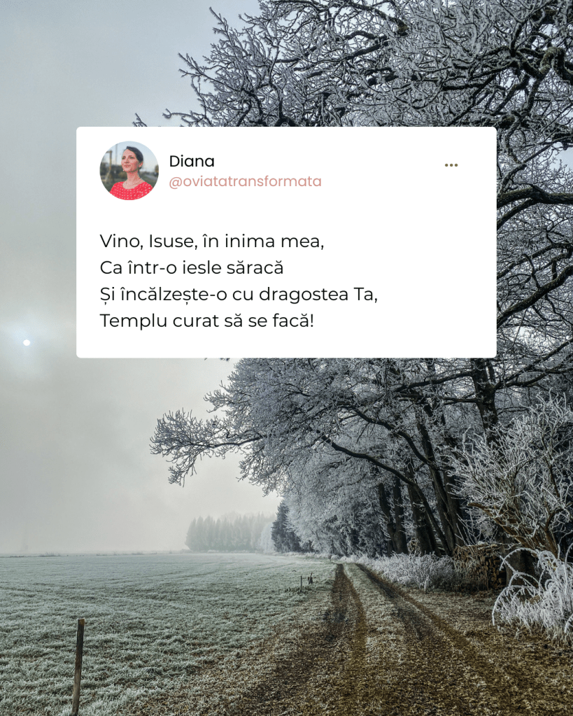 Vino, Isuse, în inima mea,
Ca într-o iesle săracă
Și încălzește-o cu dragostea Ta,
Templu curat să se facă...